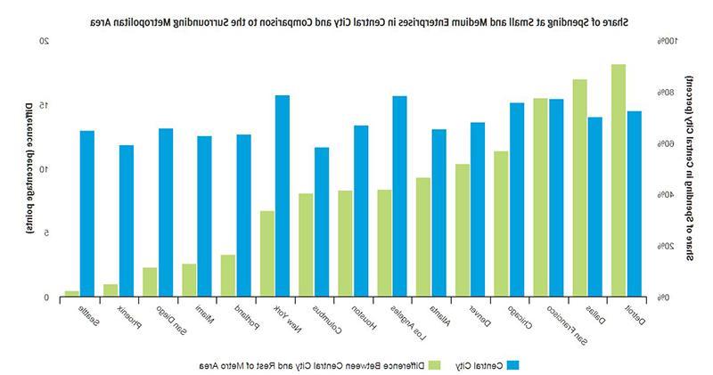 柱状图描述了中心城市中小企业的支出份额及其与周边大都市地区的比较.